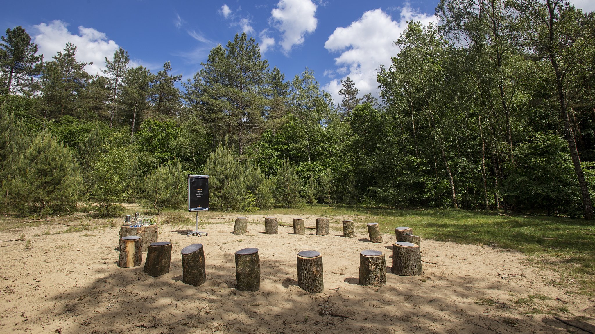 Vergaderopstelling in het midden van het bos